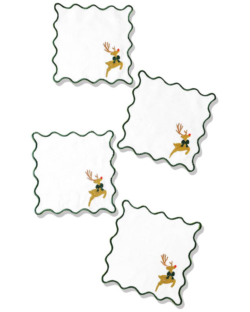 Tiramisu Set Of 4 Prancing Reindeer Embroidered Cocktail Napkins In Multi