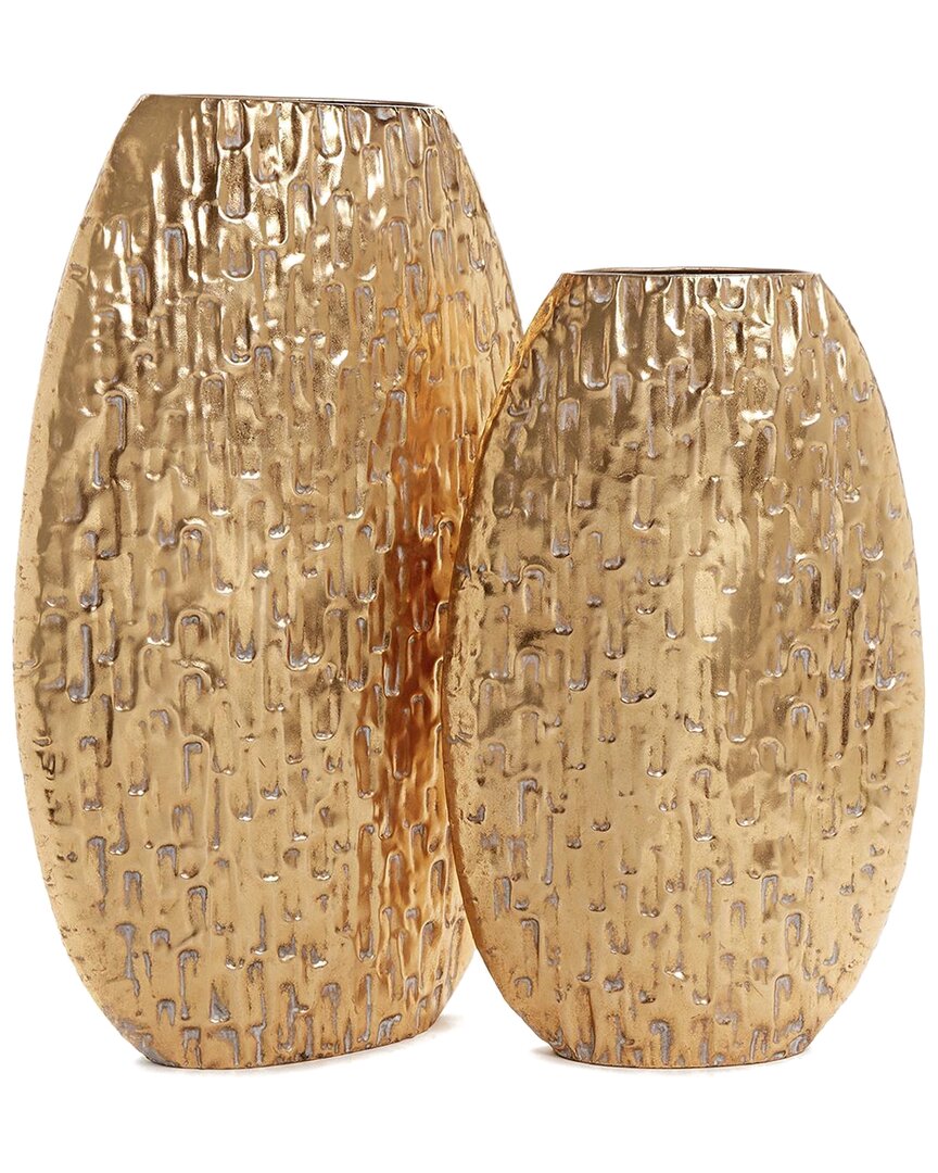 TOZAI TOZAI SET OF 2 OVAL GOLDEN ETCHED METAL VASES
