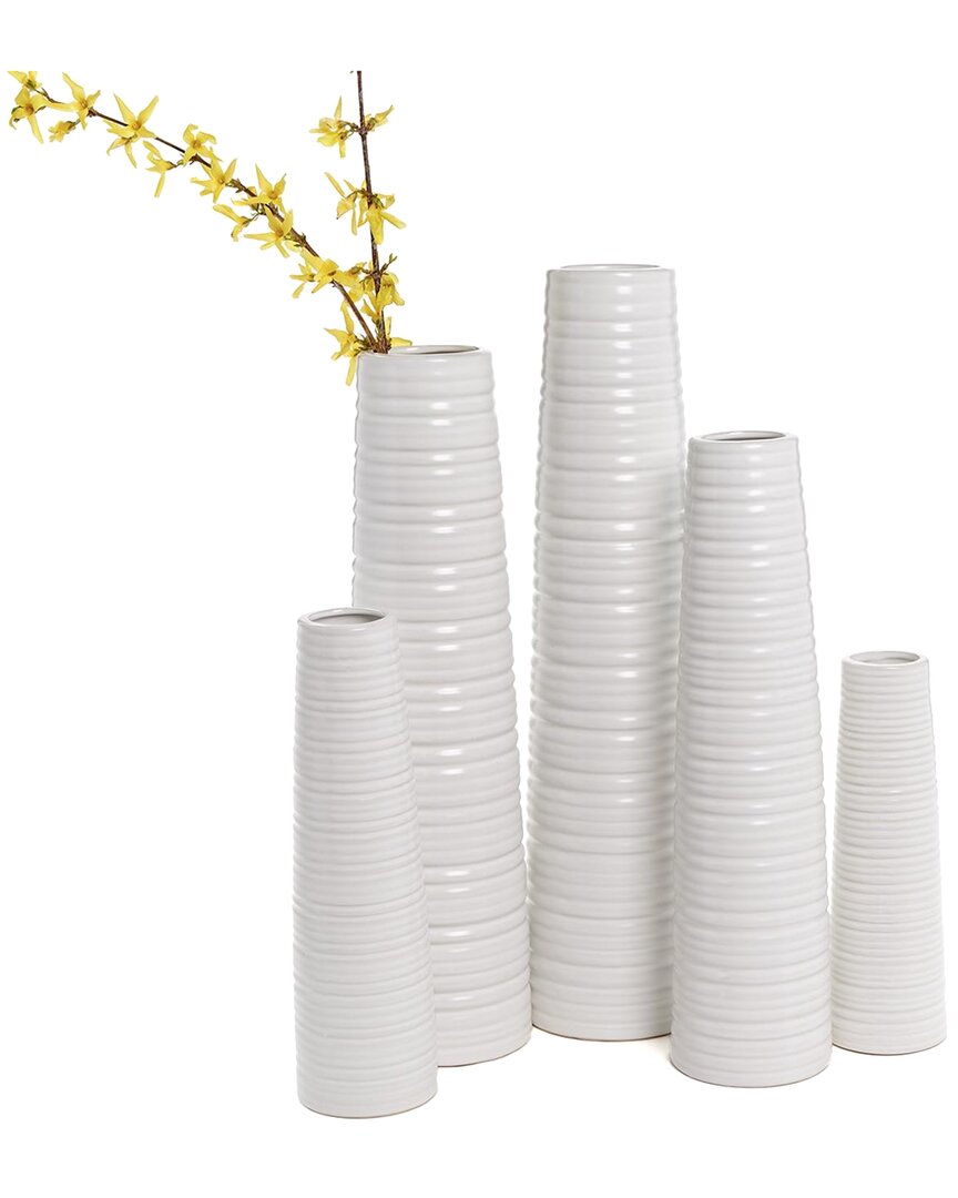 TOZAI TOZAI SET OF 5 WHITE RIBBED CYLINDER VASES