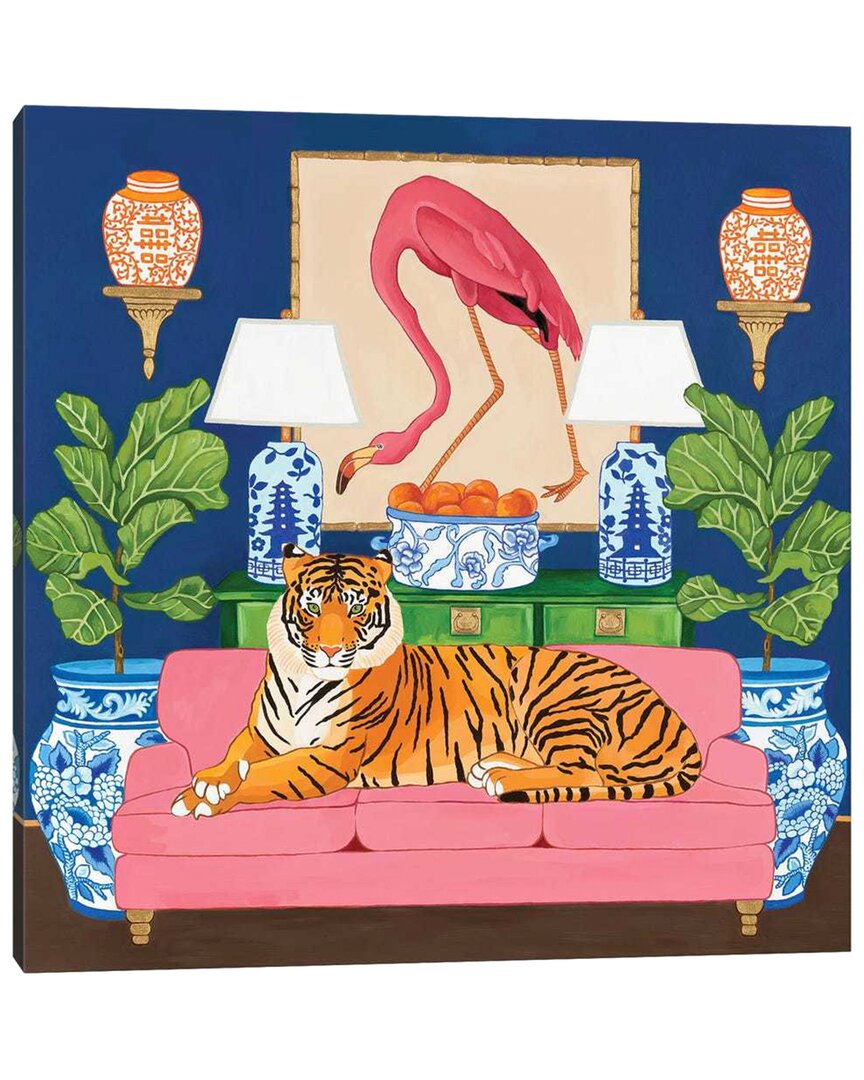Icanvas Chinoiserie Tiger In The Living Room With Flamingo By Green Orchid Boutique Wall Art