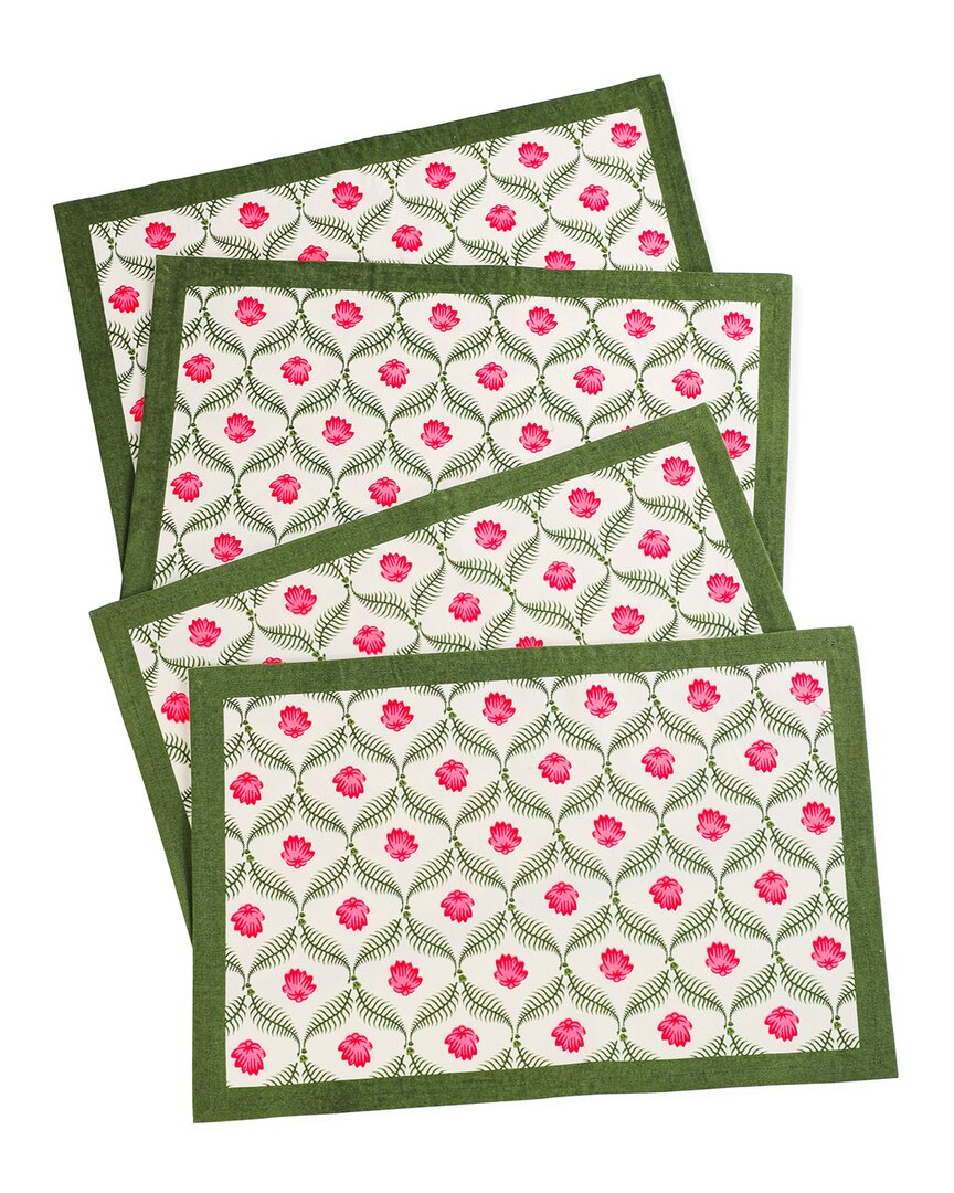Tiramisu Set Of 4 Lotus Garden Block Print Placemats In Green