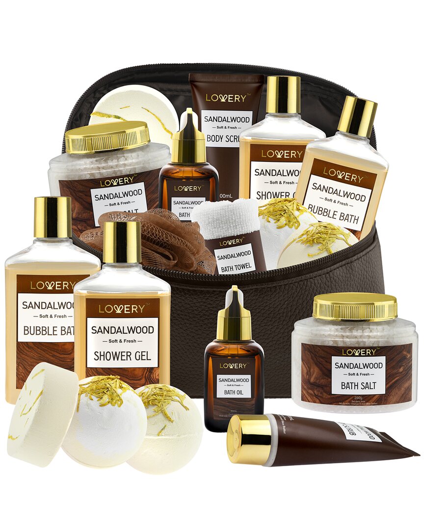 Lovery Sandalwood Mens Bath Gift Set, Spa Gift Basket With Leather Cosmetic Bag In Brown