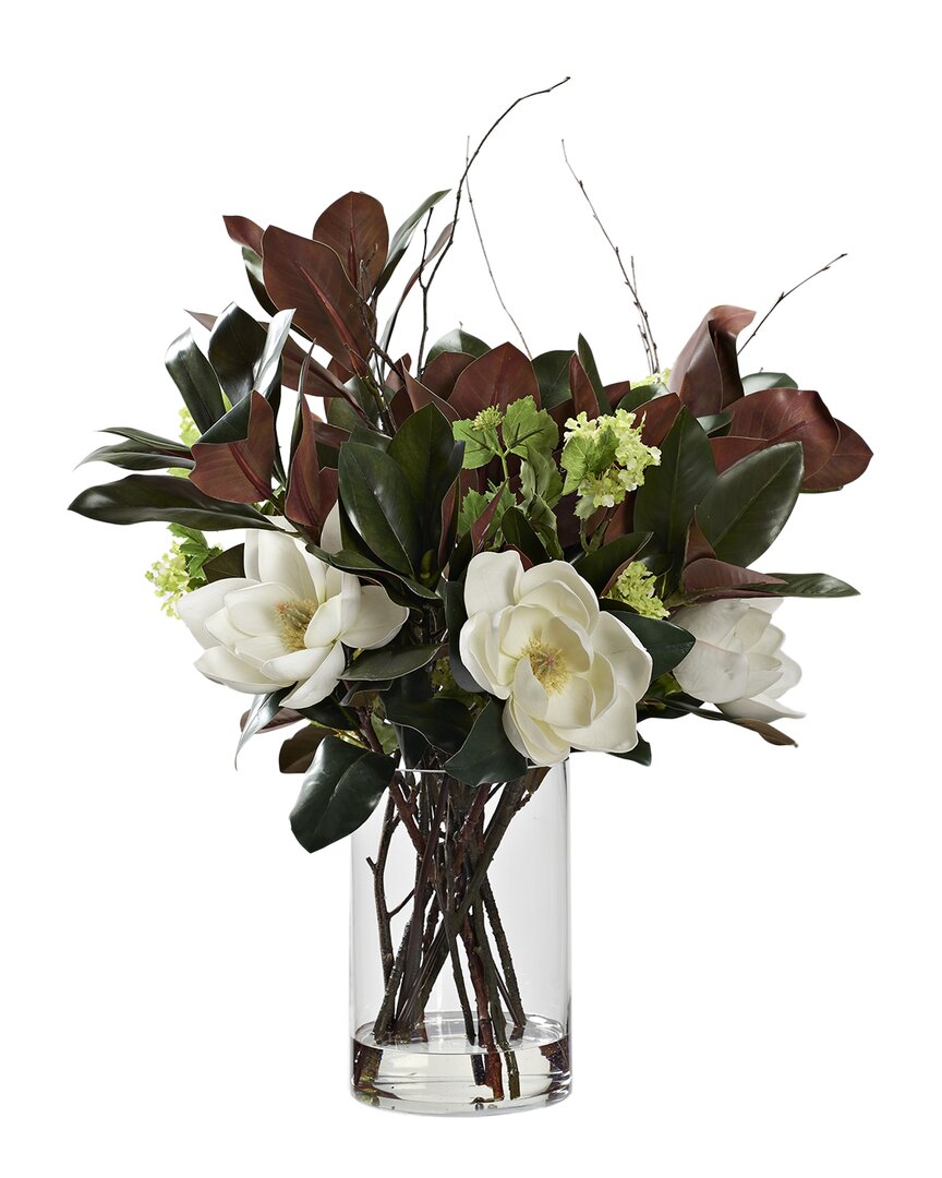 D&w Silks Magnolias & Green Snowball Branches In Large Glass Cylinder In White
