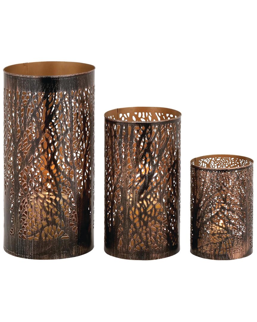 Peyton Lane Eclectic Metal Candle Lantern Set In Brown