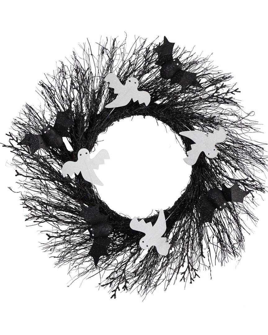 Nearly Natural Halloween Ghost And Bats Twig Wreath 22in. In Black