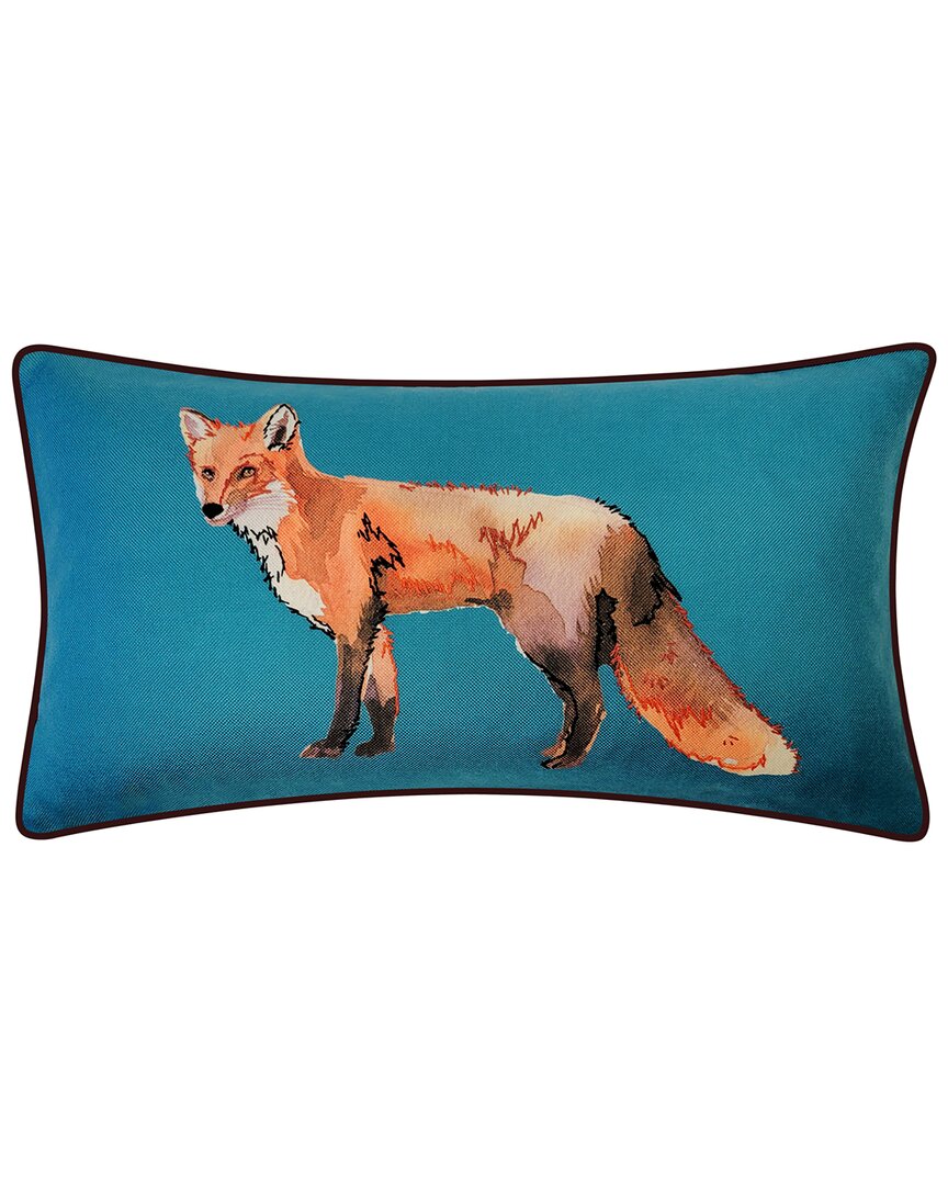 Edie Home Edie@home Watercolor Fox Print With Ribbon Embroidery Decorative Pillow In Blue