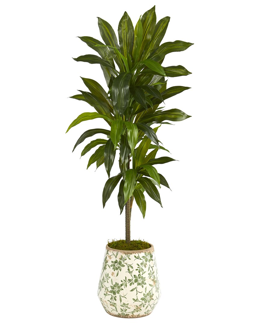 Nearly Natural 4ft Dracaena Artificial Plant In Flower Print Planter (real  Touch) In Green