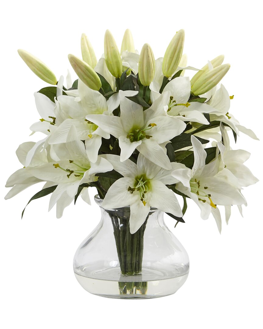 Nearly Natural Lily Silk Arrangement With Glass Vase In White