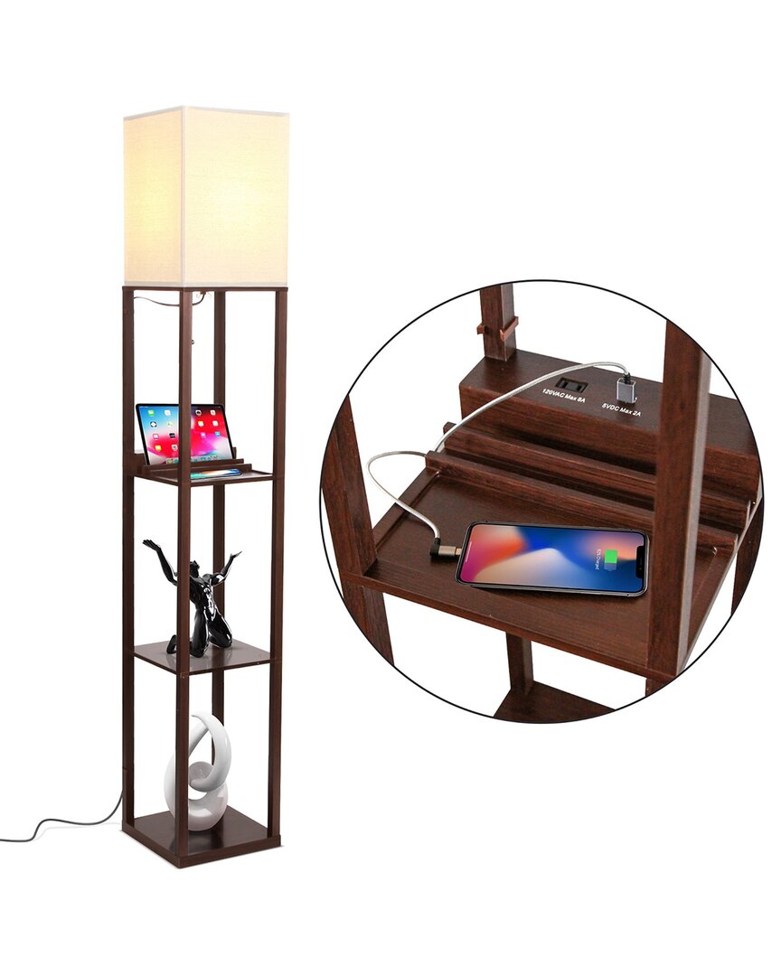 Brightech Maxwell Led Shelf Floor Lamp With Usb Port In Brown