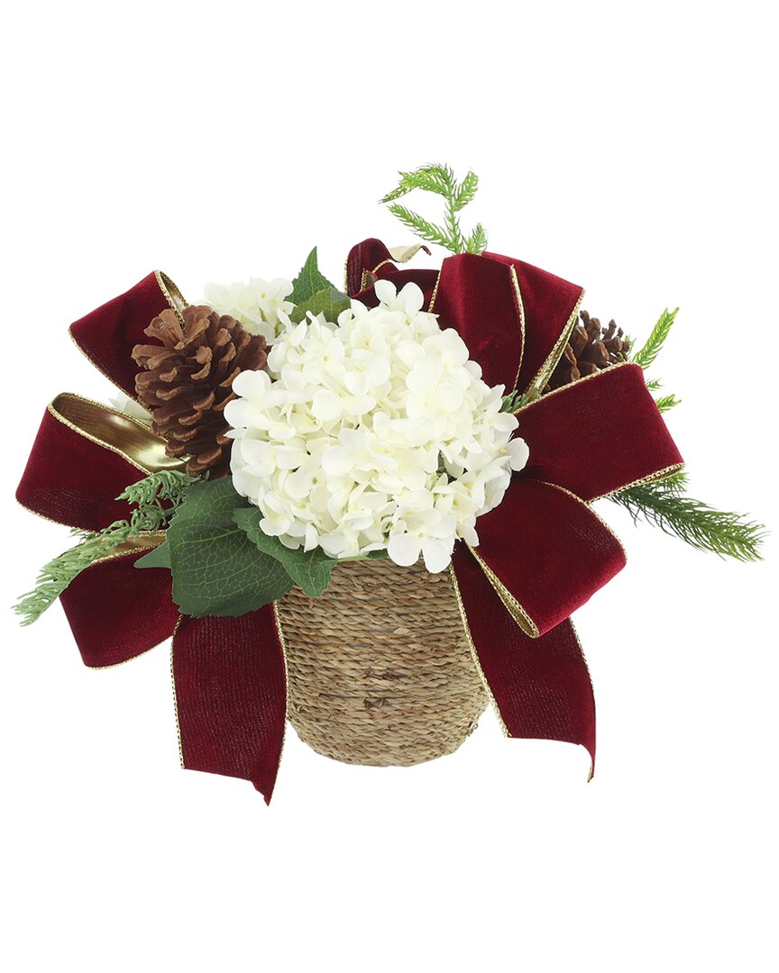 Creative Displays Christmas Holiday Arrangement With White Hydrangeas & Bows In White