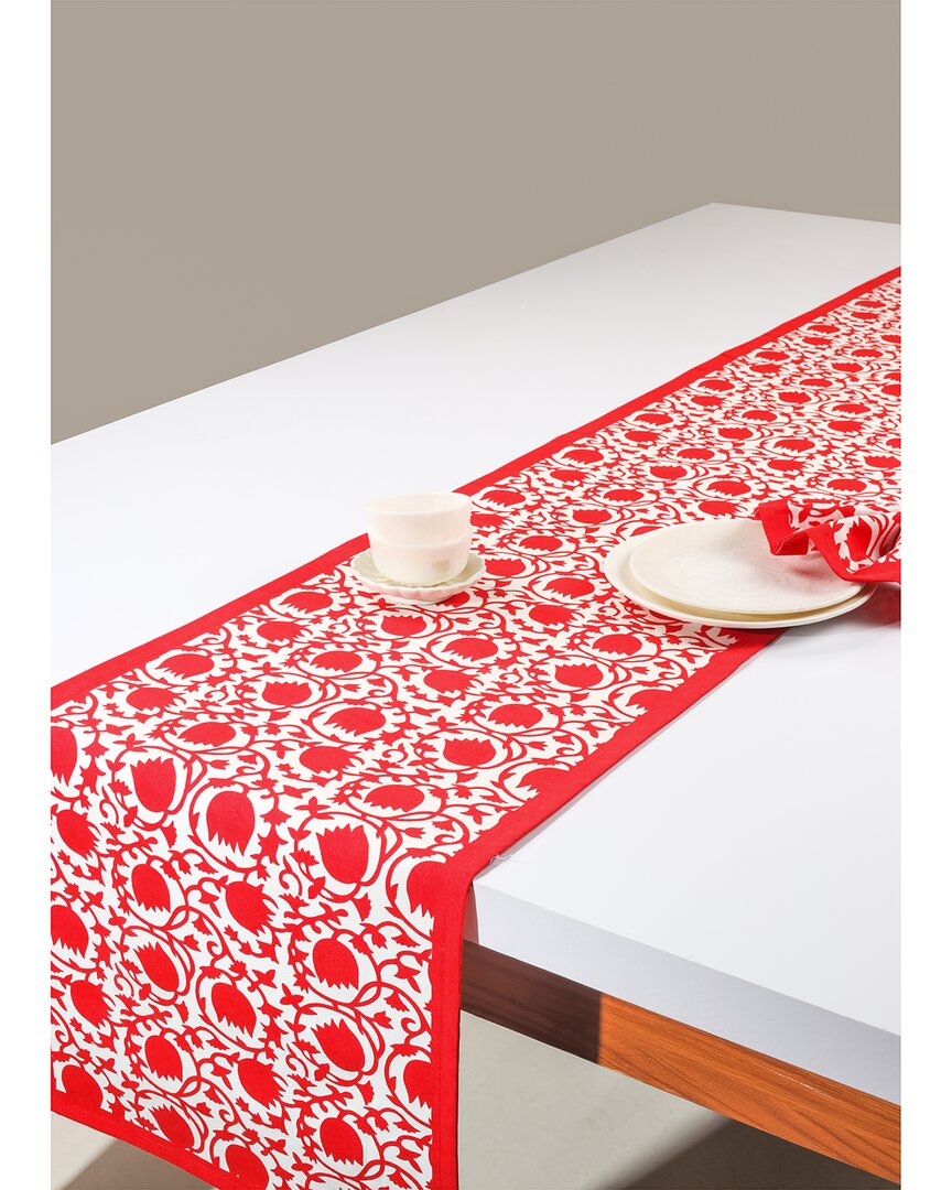 Tiramisu Crimson Bloom Block Print Table Runner In Red