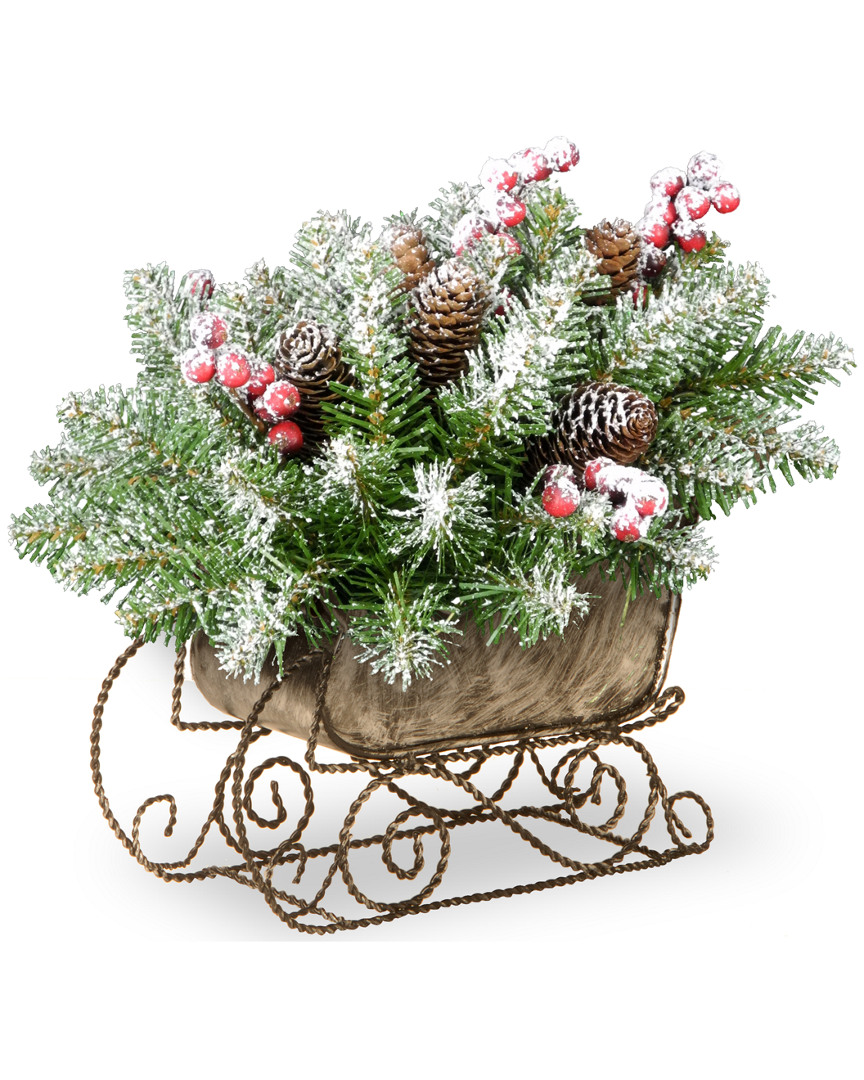 National Tree Company 10in Dunhill Fir Sleigh With Snow, 5 Red Berries And 6 Cones