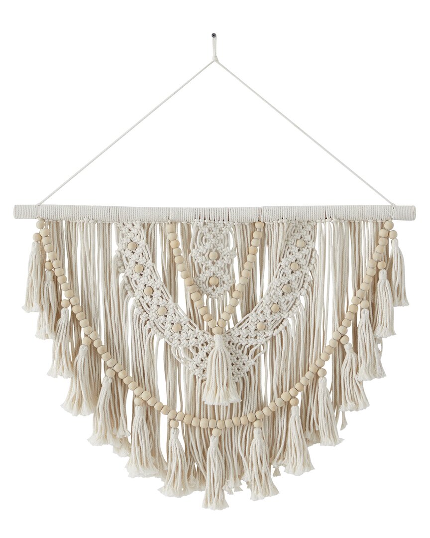 Peyton Lane Macrame White Cotton Handmade Intricately Weaved Wall Decor With Beaded Fringe Tassels