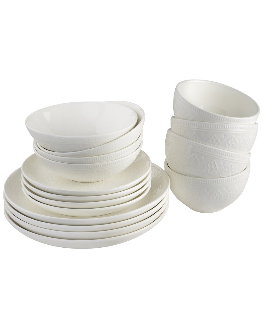 Euro Ceramica Fez 16 Piece Double Bowl Dinnerware Set, Service For 4 In White