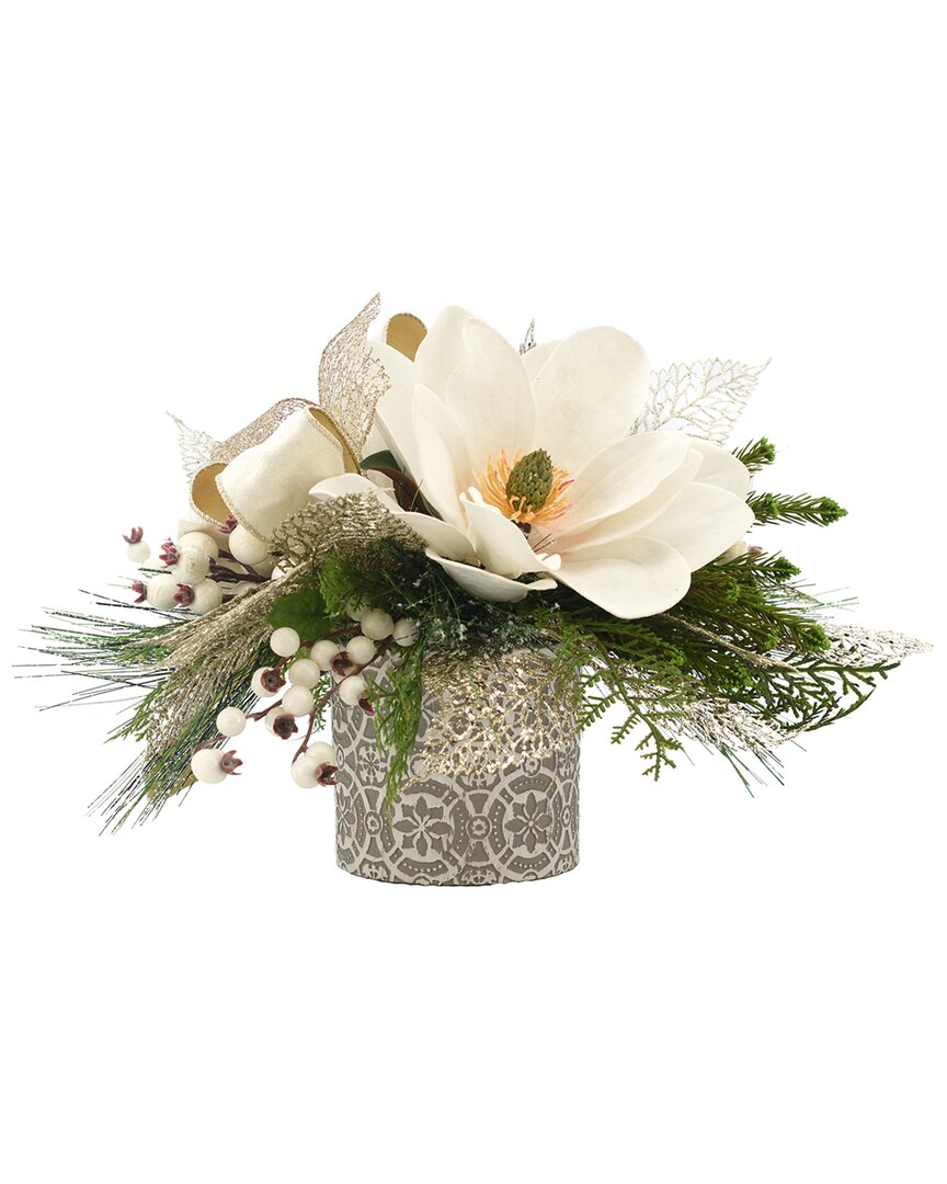 Creative Displays Magnolia With Evergreen And Berries In A Decorative Ceramic Vase In White