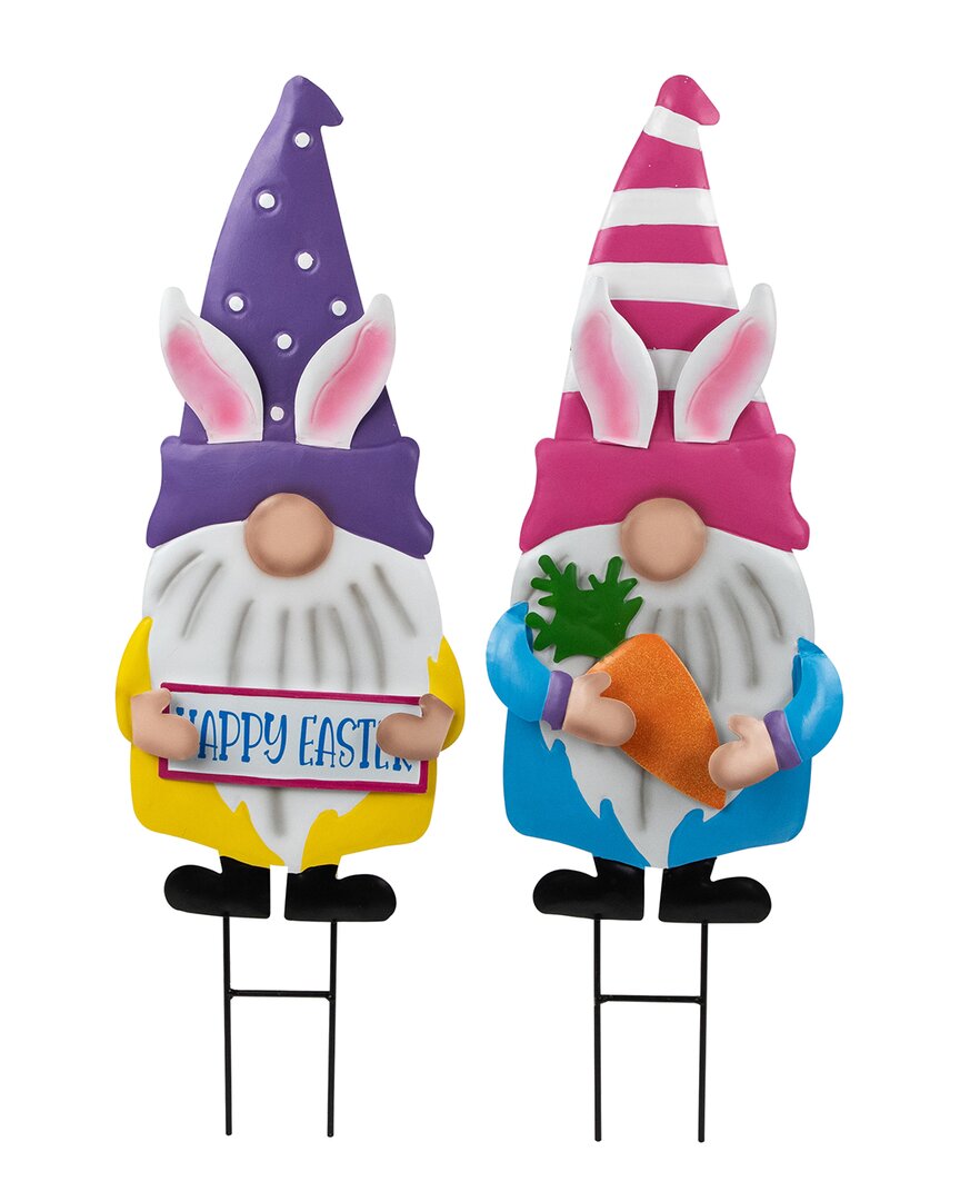 Northlight Set Of 2 Gnomes With Bunny Ears Outdoor Garden Stakes In Pink
