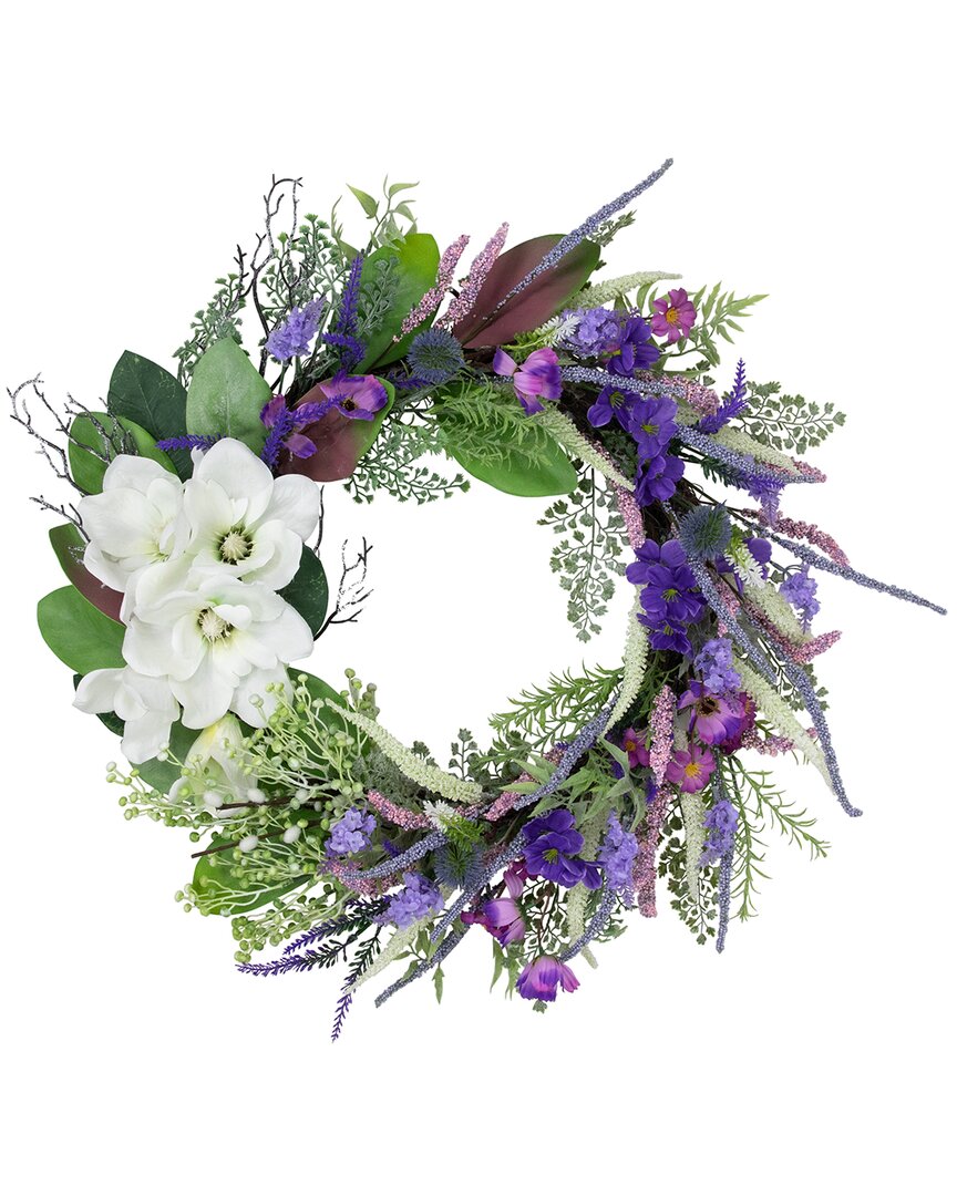 Northlight Mixed Wildflowers & Magnolias Artificial Wreath In Purple