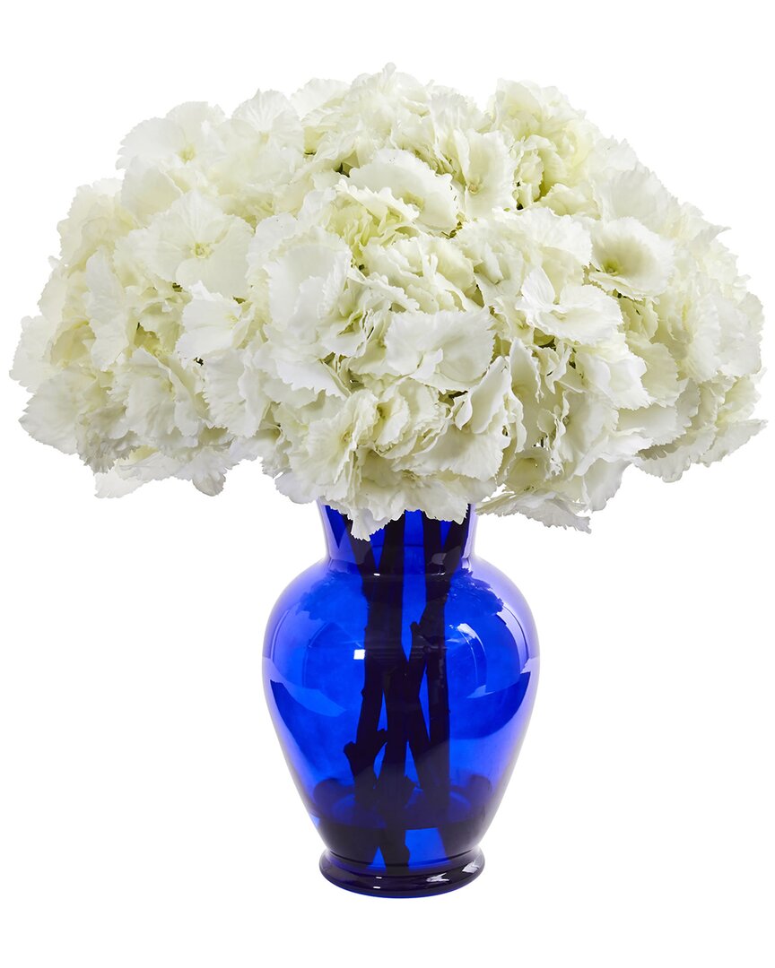 Nearly Natural Hydrangea Artificial Arrangement In Blue Vase In White