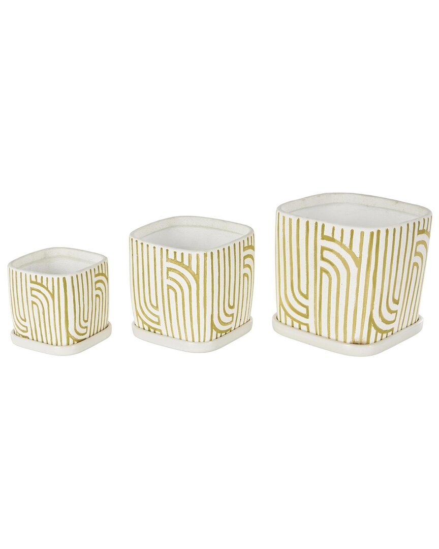 Peyton Lane Set Of 3 Ceramic Geometric Arched Patterned Indoor/outdoor Planters In Green