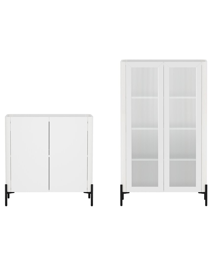 Manhattan Comfort 2pc Modern Abbey Accent Cabinet & Décor Ribbed Tempered  Glass Cabinet In White