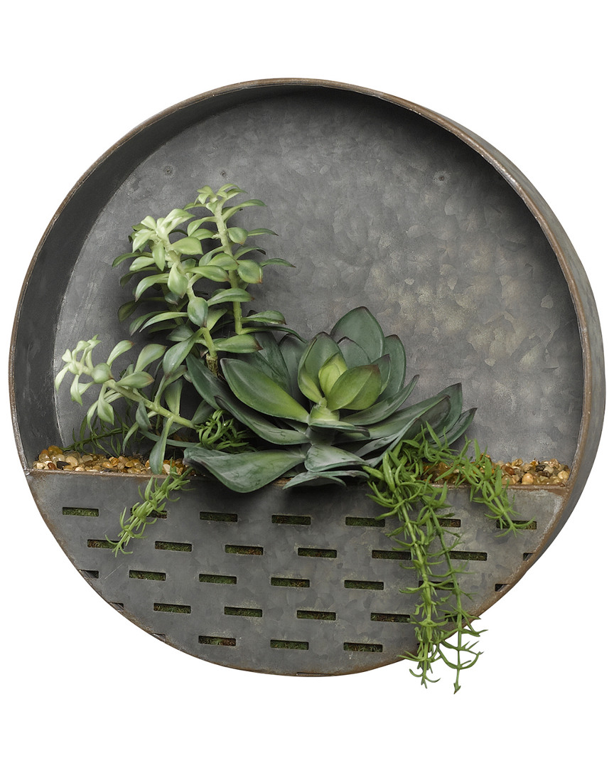 D&w Silks Frosted Echeveria, Tree Succulents And Rosemary Spray In Round Metal Wall Sconce