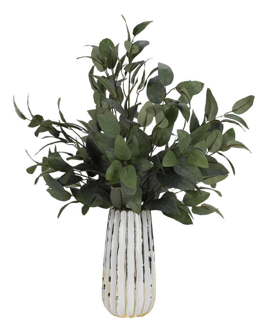 D&w Silks Green Elm Branches In White & Gold Ceramic Vase