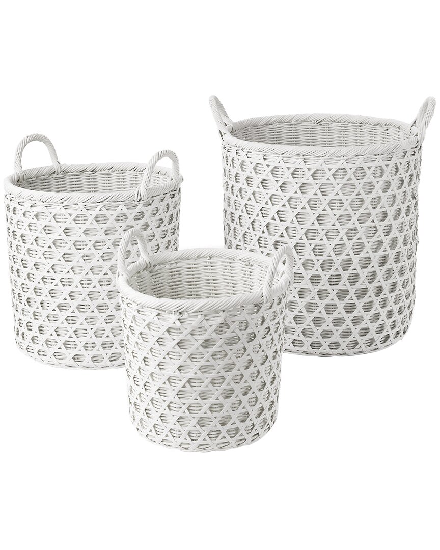 Baum Set Of 3 Round Rattan And Bamboo Caning Baskets With Ear Handles In White