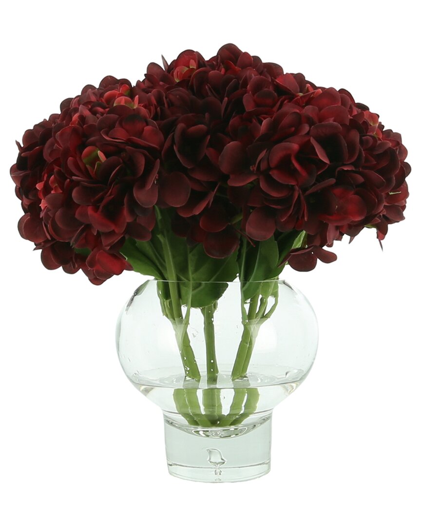 Creative Displays Red Hydrangea Florals Arrangement In Round Glass Vase In Burgundy