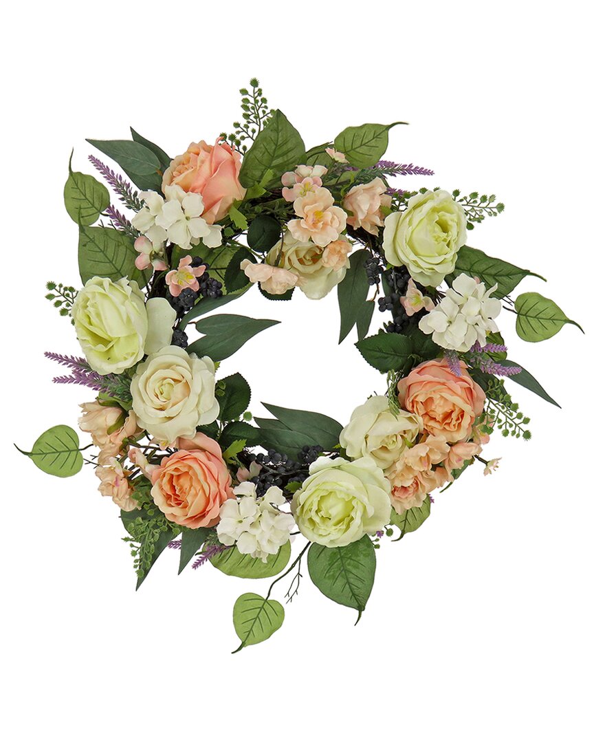 National Tree Company 24in Rose And Peony Flowers Wreath In Peach