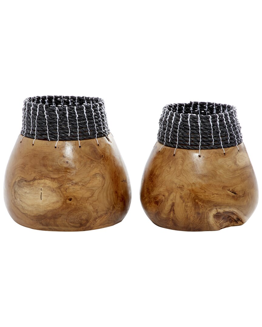Peyton Lane Set Of 2 Brown Wood Handmade Vase With Black Seagrass Accents