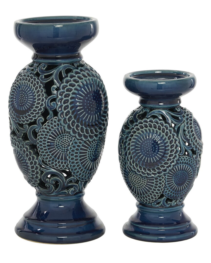 Peyton Lane Set Of 2 Ceramic Eclectic Candle Holders In Blue