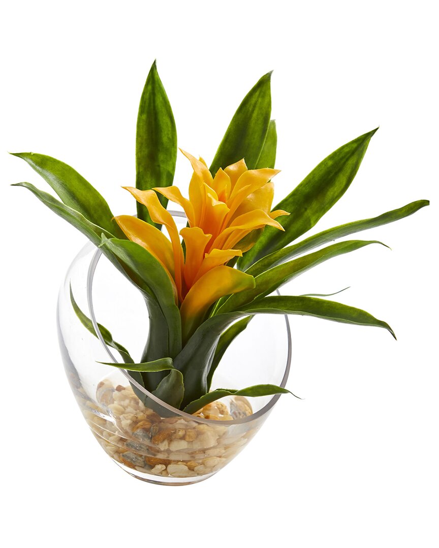 Nearly Natural Tropical Bromeliad In Angled Vase Artificial Arrangement In Yellow