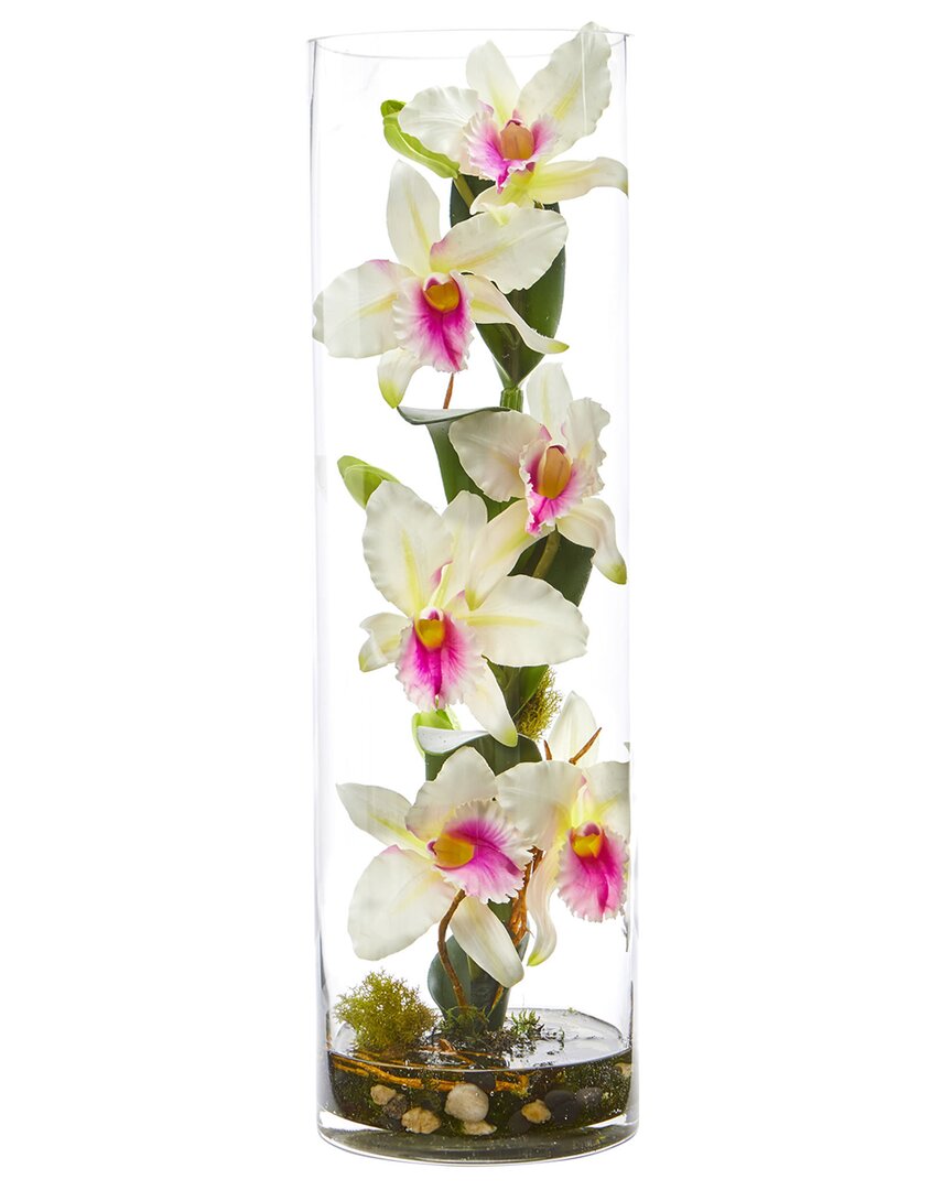 Nearly Natural Cattleya Orchid Artificial Floral Arrangement In Cylinder Vase In White