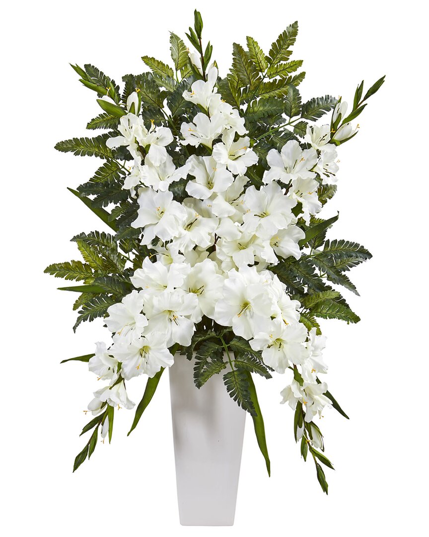 Nearly Natural Gladiolas & Fern Artificial Arrangement In White Vase In White