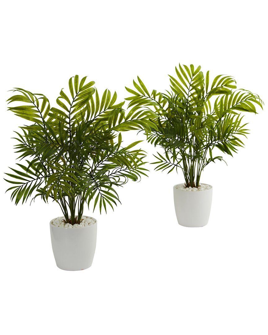 Nearly Natural Set Of 2 Palms Artificial Plants N White Planter In Green