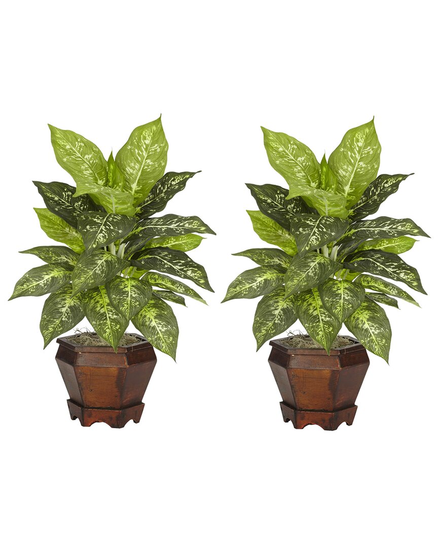 Nearly Natural Dieffenbachia W/wood Vase Silk Plant, Set Of 2