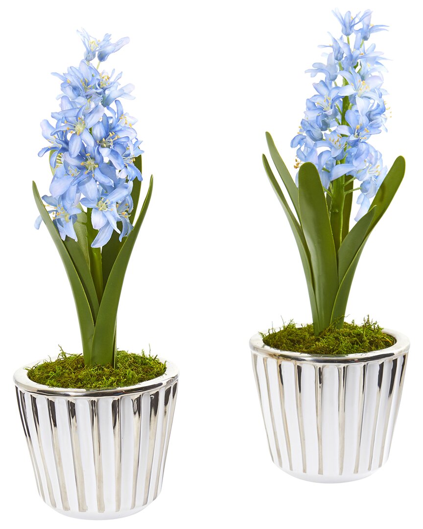 Nearly Natural Set Of 2 Hyacinth Artificial Arrangements In White Vase With Silver Trimming In Blue