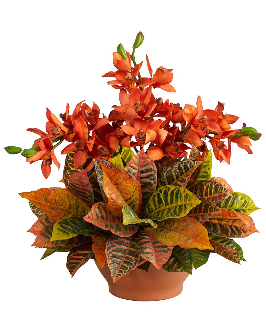 Nearly Natural Cymbidium Orchid & Croton Artificial Arrangement In Terra Cotta Vase