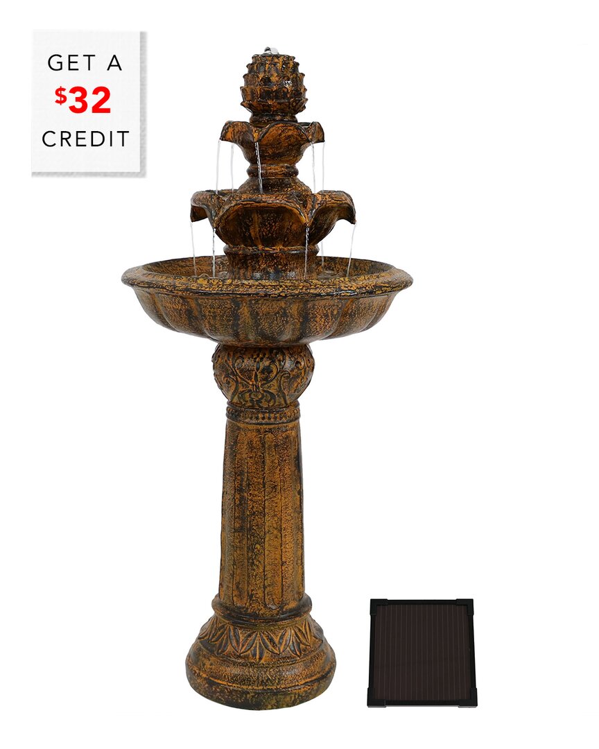 Sunnydaze Outdoor Solar Powered Ornate Elegance Tiered Water Fountain With Battery Backup And Led Light - 41" In Orange