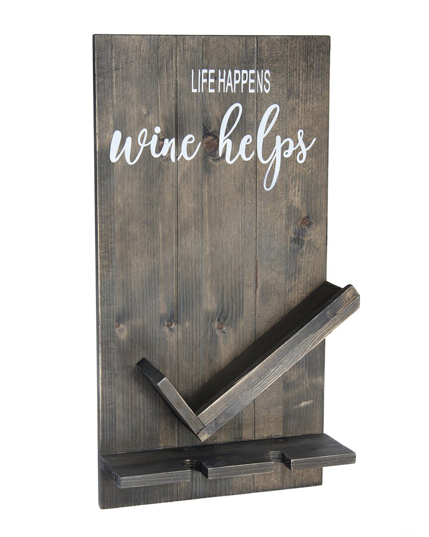Lalia Home Lucca Wall Mounted Wooden Life Happens Wine Helps Wine Bottle Shelf With Glass Holder In Gray
