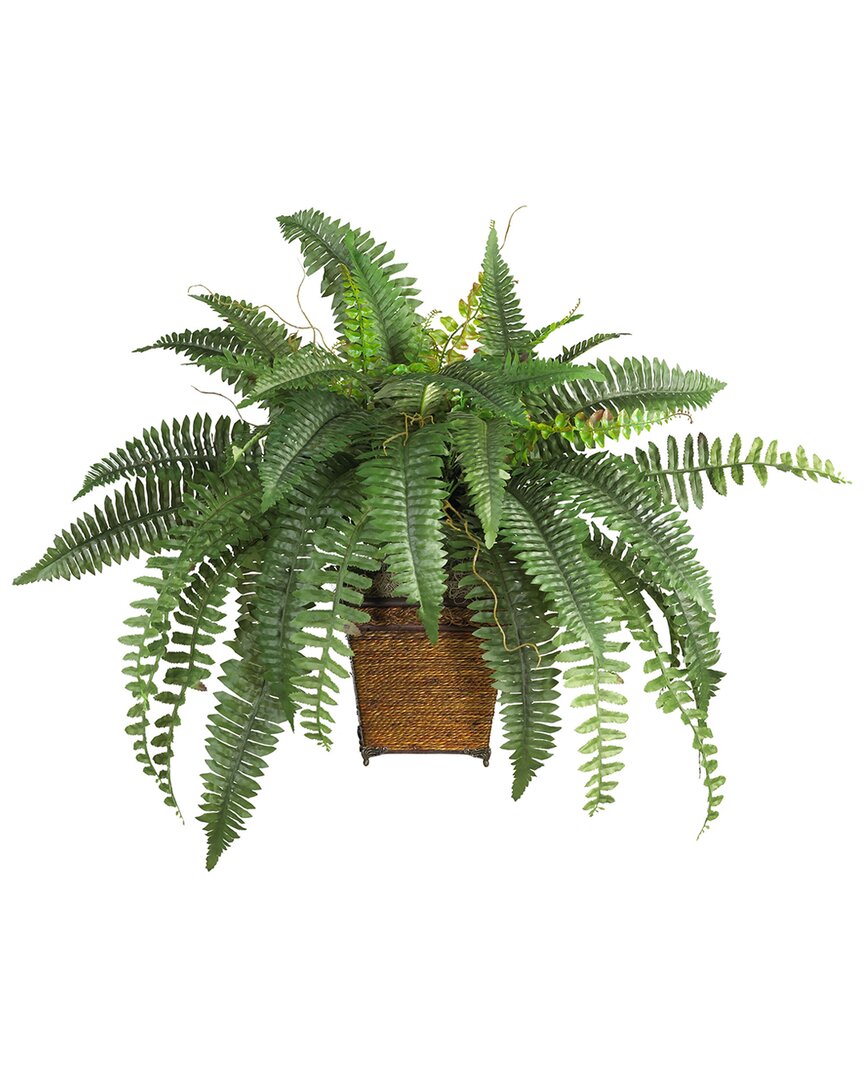 Nearly Natural Boston Fern With Wicker Basket Silk Plant In Green