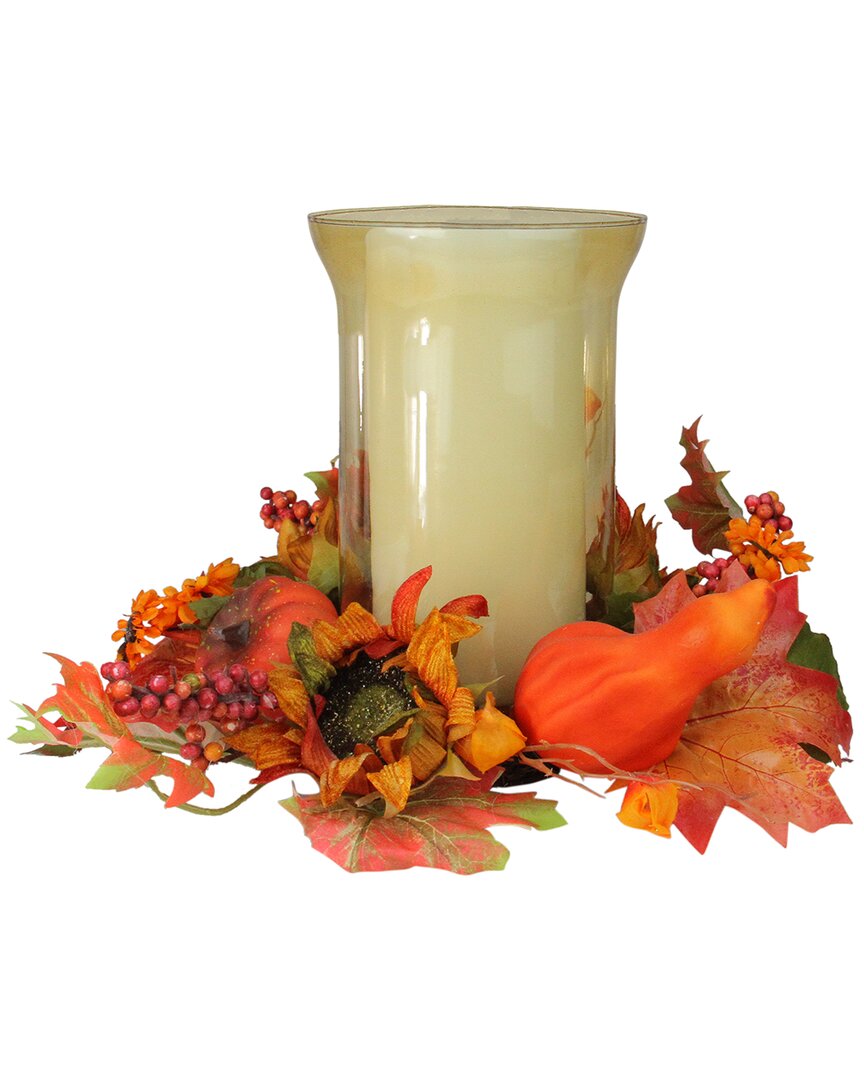 Northlight 16in Artificial Fall Flowers & Pumpkins Pillar Candle Holder In Orange