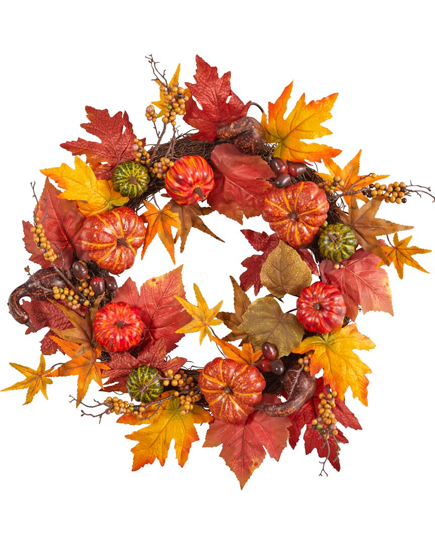 Nearly Natural Autumn Pumpkin & Berries Artificial Fall Wreath 24in In Orange