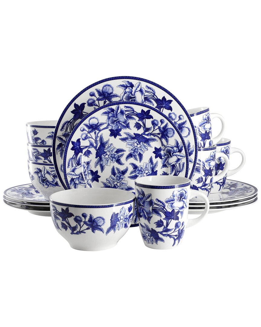 Elama Cattleya Orchid 16pc Round Porcelain Dinnerware Set In Blue