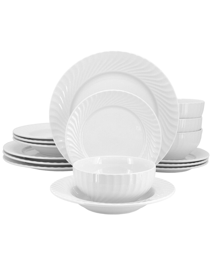 Elama Julia 16pc Scalloped Double Bowl Porcelain Dinnerware Set In White