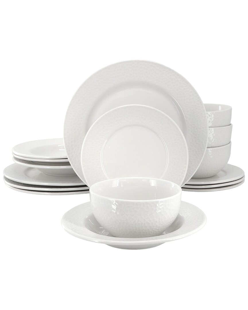 Elama Julia 16pc Scalloped Double Bowl Porcelain Dinnerware Set In White