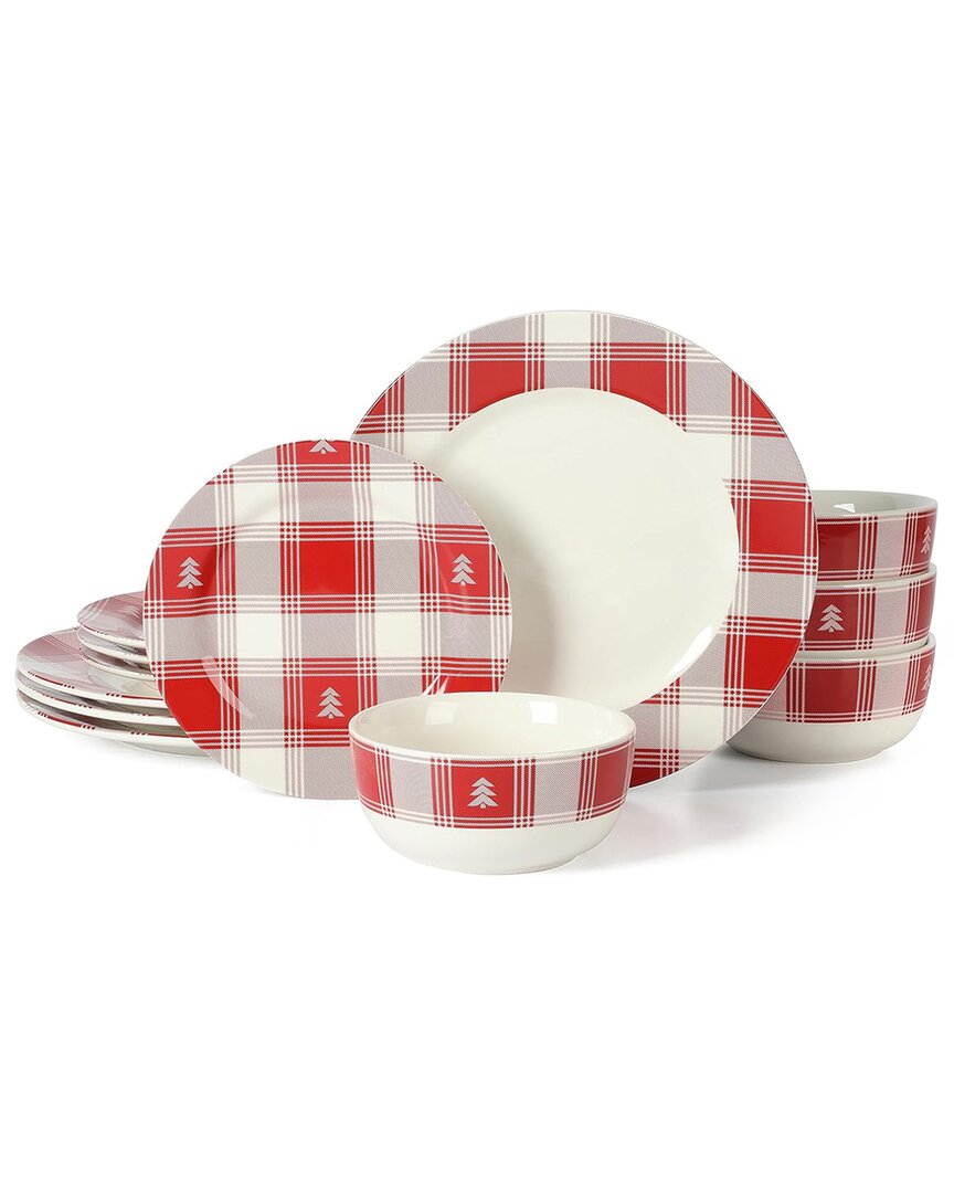 Martha Stewart 12pc Plaid Decorated Round Stoneware Dinnerware Set In Red