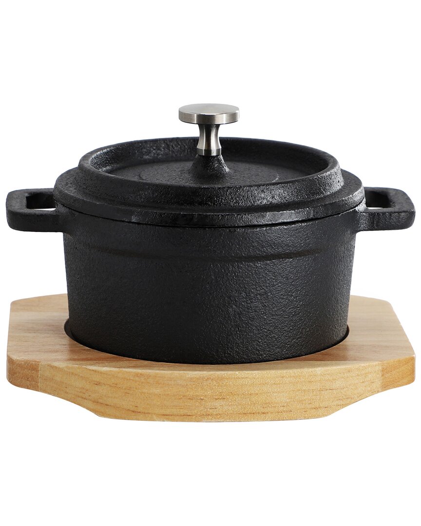Megachef Cast Iron 8oz Mini Dutch Oven With Wood Tray In Black