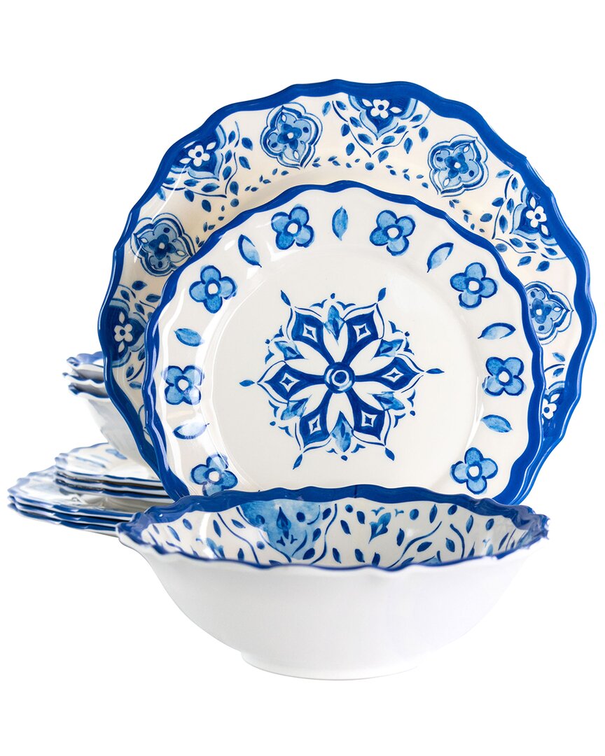 Elama Blue Garden 12pc Scalloped Melamine Dinnerware Set In Blue