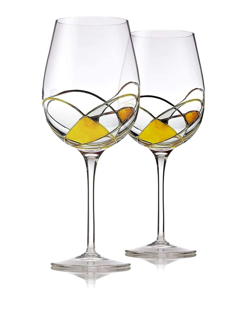 Alice Pazkus Set Of 2 Wine Glasses With Gold Mosaic Design